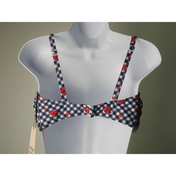 Unique Vintage Navy Gingham Ladybug Bikini Top L Swim Retro Pin-Up - Picture 3 of 6